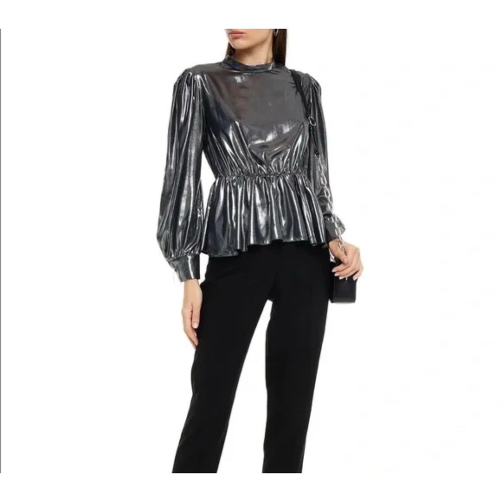 IRO Cordia Metallic Georgette Peplum Blouse Women 36/6 Top Silver PARIS Couture